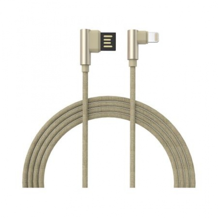 Imagine Cablu de date si incarcare USB la iPhone Lightning unghi 90 grade 1m Auriu brodat, GC-48